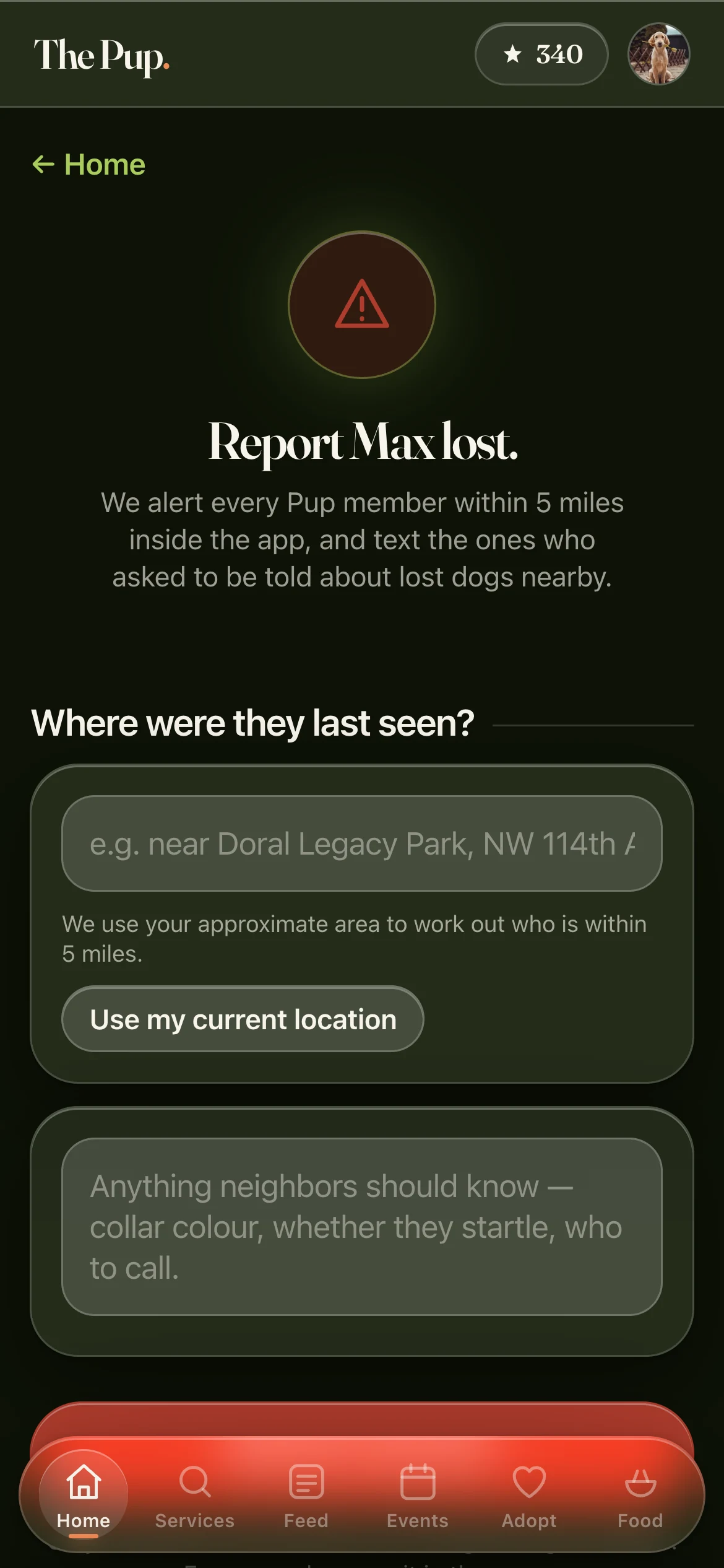 Lost dog alert going out to owners nearby